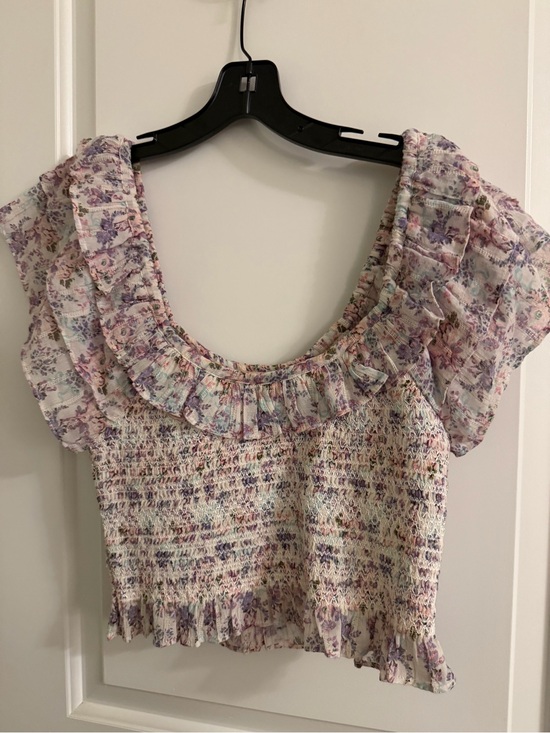 LoveShackFancy Tops - LoveShackFancy Pastel Lavender Floral Ruffle Crop Top